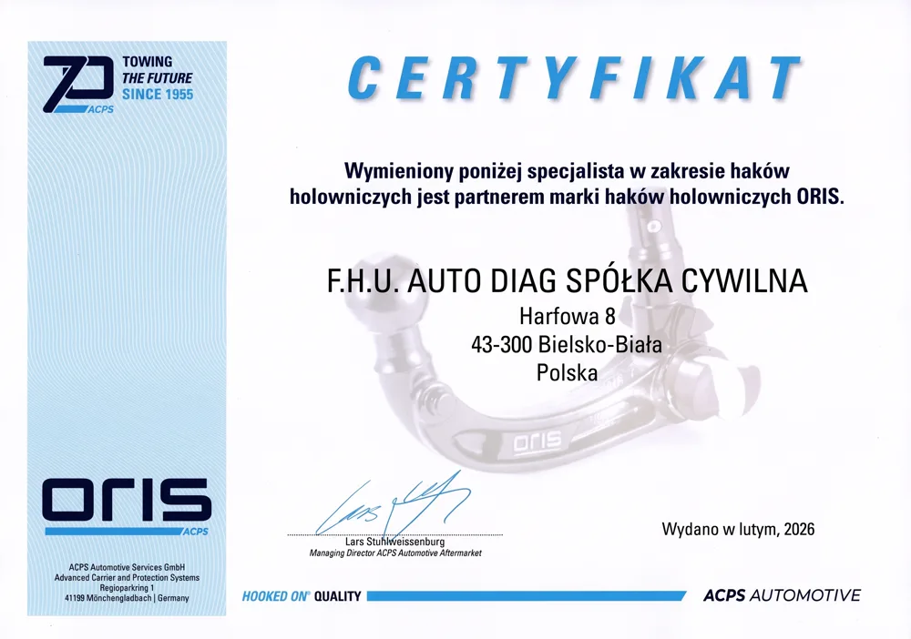 Certyfikat partnera marki haków holowniczych ORIS dla F.H.U. Auto Diag s.c. w Bielsku-Białej